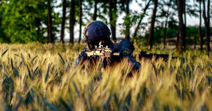 Tactical Gear - An Airsoft Player in Tactical Gear on a Wheat Field