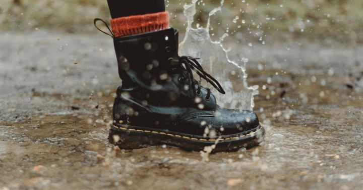 Waterproof - Water Splashing From A Person In Black Workers Boots Stepping On Wet Pavement